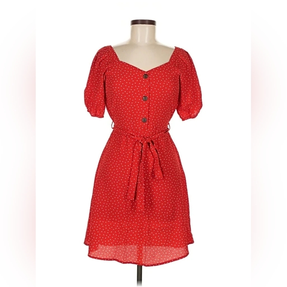 Monteau Dresses & Skirts - Monteau LA Women's Medium Red Polka Dot Puff Sleeve Faux Button Midi Dress w Tie